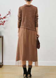 Chic Khaki Jacquard Patchwork Wool Tulle Dress Summer