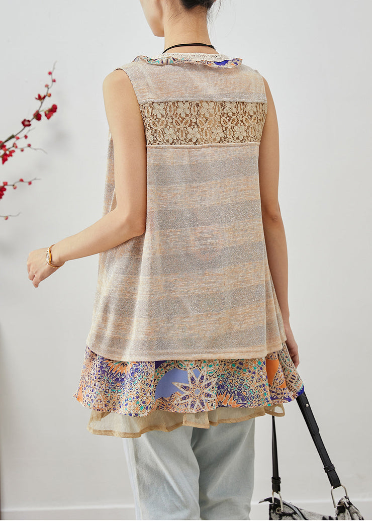 Chic Khaki Lace Up Patchwork Ruffles Cotton Vests Sleeveless