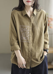 Chic Khaki Lapel Embroideried Wrinkled Linen Shirt Tops Spring