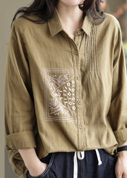 Chic Khaki Lapel Embroideried Wrinkled Linen Shirt Tops Spring