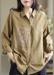 Chic Khaki Lapel Embroideried Wrinkled Linen Shirt Tops Spring