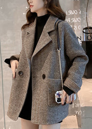 Chic Khaki Notched Pockets Woolen Coat Winter