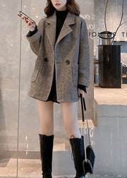 Chic Khaki Notched Pockets Woolen Coat Winter