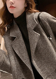 Chic Khaki Notched Pockets Woolen Coat Winter