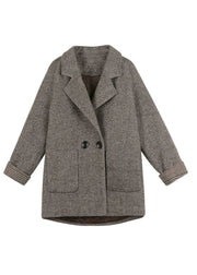 Chic Khaki Notched Pockets Woolen Coat Winter