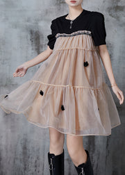 Chic Khaki Oversized Patchwork Floral Tulle Tea Dress Summer