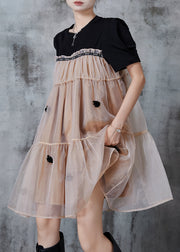 Chic Khaki Oversized Patchwork Floral Tulle Tea Dress Summer