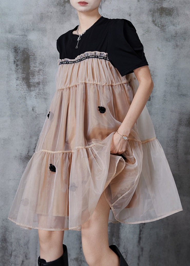 Chic Khaki Oversized Patchwork Floral Tulle Tea Dress Summer