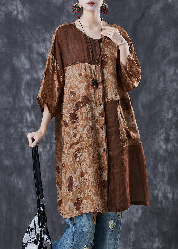 Chic Khaki Oversized Patchwork Linen Dresses Summer