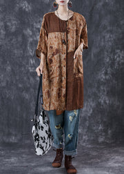 Chic Khaki Oversized Patchwork Linen Dresses Summer