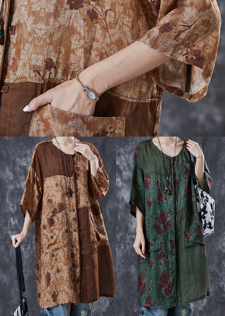 Chic Khaki Oversized Patchwork Linen Dresses Summer