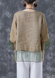 Chic Khaki Oversized Patchwork Organza Linen Shirts Bracelet Sleeve