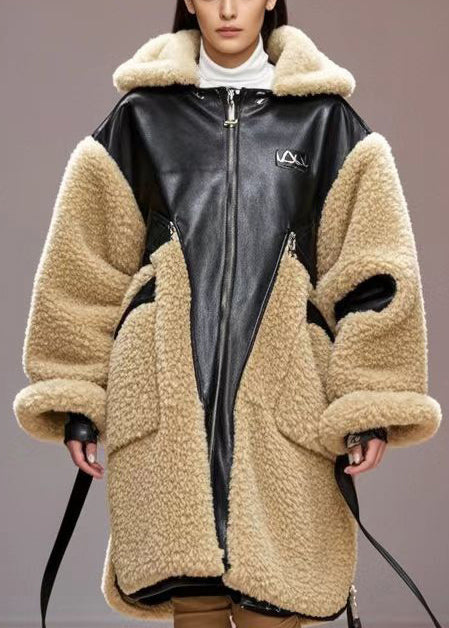 Chic Khaki Oversized Patchwork PU Fuzzy Fur Trench Winter