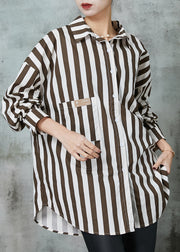 Chic Khaki Oversized Striped Cotton Shirt Tops Spring