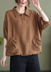 Chic Khaki Patchwork Button Solid T Shirt Short Sleeve