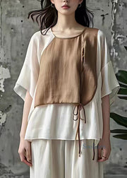 Chic Khaki Patchwork Tie Waist T Shirts Short Sleeve