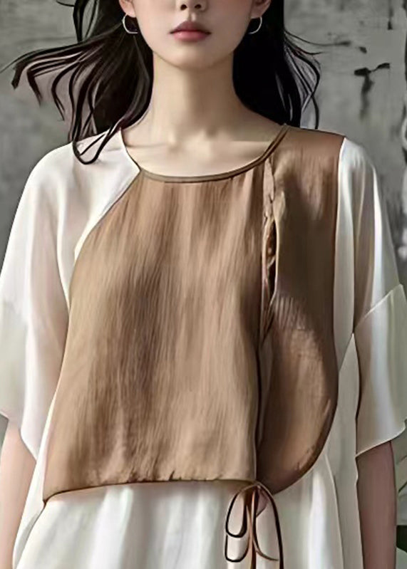 Chic Khaki Patchwork Tie Waist T Shirts Short Sleeve