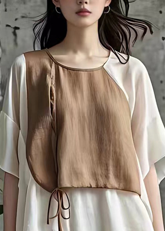 Chic Khaki Patchwork Tie Waist T Shirts Short Sleeve