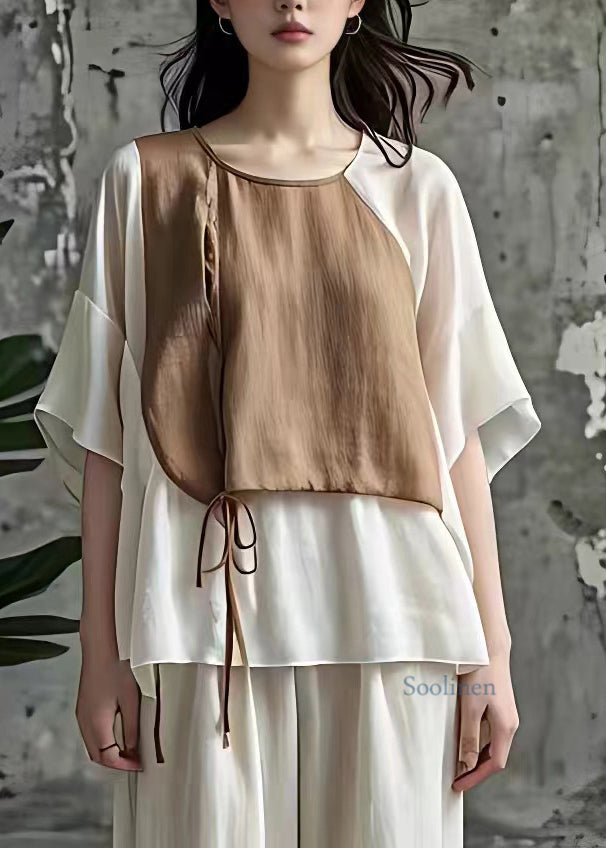 Chic Khaki Patchwork Tie Waist T Shirts Short Sleeve