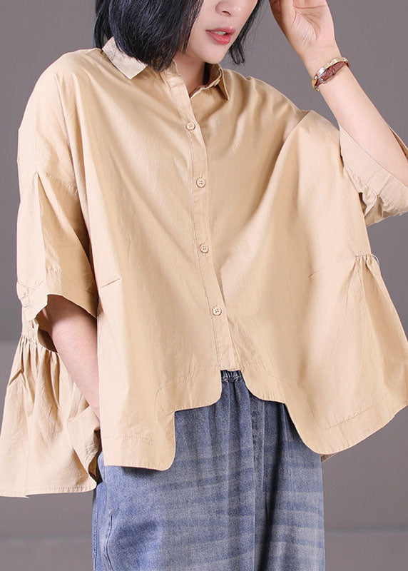 Chic Khaki Peter Pan Collar Asymmetrical Design Patchwork Wrinkled Cotton Shirt Tops Short Sleeve