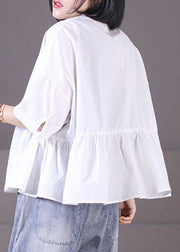 Chic Khaki Peter Pan Collar Asymmetrical Design Patchwork Wrinkled Cotton Shirt Tops Short Sleeve