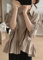 Chic Khaki Peter Pan Collar Asymmetrical Wrinkled Cotton Shirt Summer