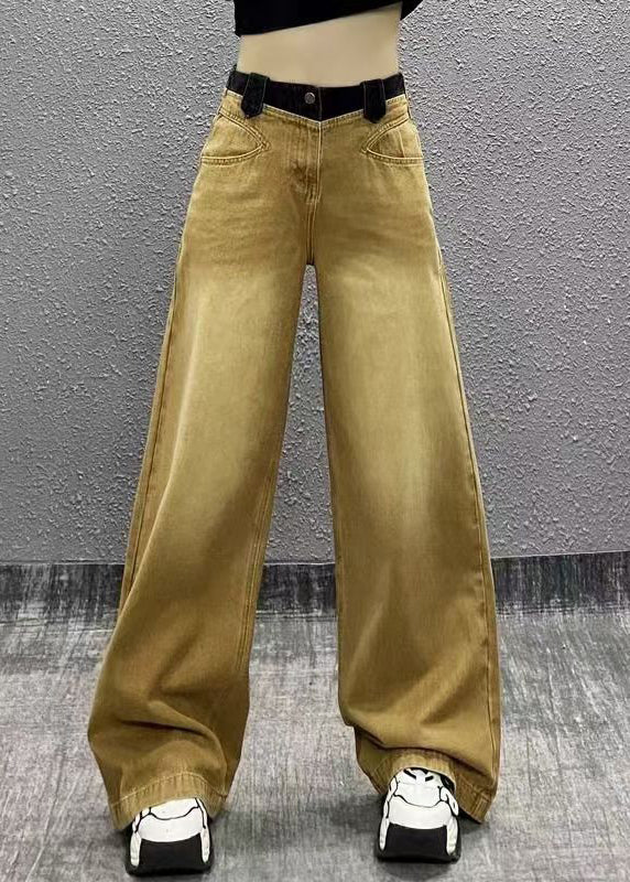 Chic Khaki Pockets Patchwork Denim Wide Leg Pants Spring