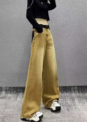 Chic Khaki Pockets Patchwork Denim Wide Leg Pants Fall