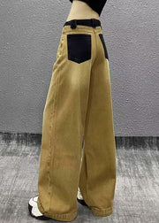 Chic Khaki Pockets Patchwork Denim Wide Leg Pants Fall