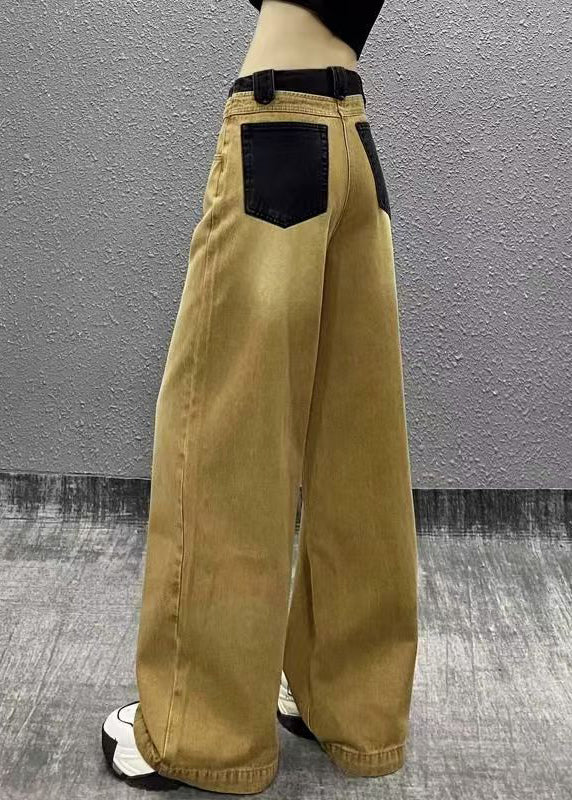 Chic Khaki Pockets Patchwork Denim Wide Leg Pants Spring