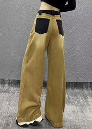 Chic Khaki Pockets Patchwork Denim Wide Leg Pants Spring