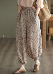 Chic Khaki Print Elastic Waist Linen Beam Pants Spring