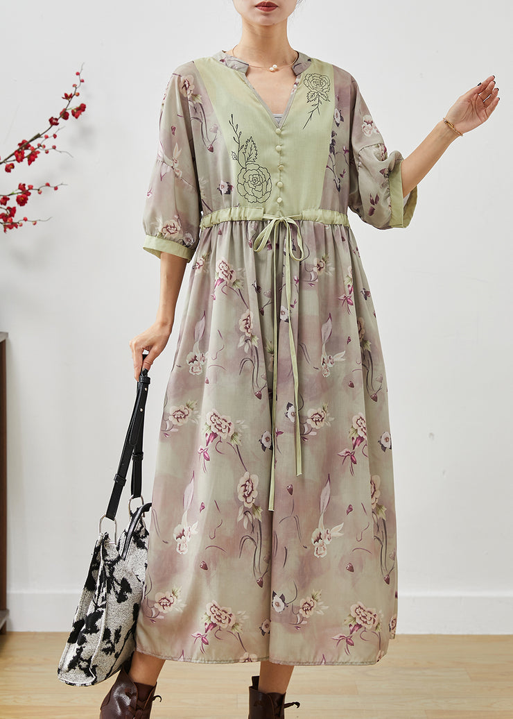 Chic Khaki Print Patchwork Linen Cinched Dress Summer