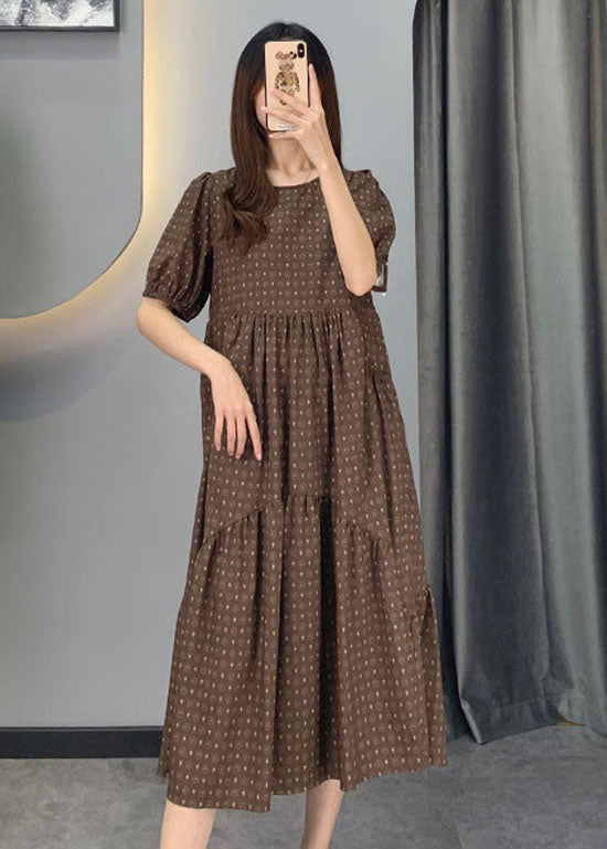 Chic Khaki Puff Sleeve Patchwork Print Cotton Dresses