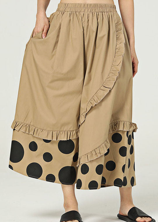 Chic Khaki Ruffled Pockets Print Cotton Wide Leg Pants Summer