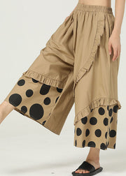 Chic Khaki Ruffled Pockets Print Cotton Wide Leg Pants Summer