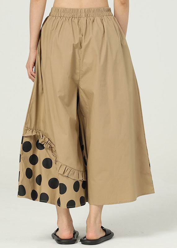 Chic Khaki Ruffled Pockets Print Cotton Wide Leg Pants Summer