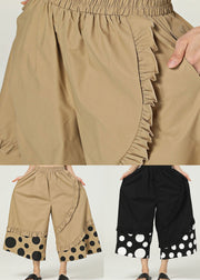 Chic Khaki Ruffled Pockets Print Cotton Wide Leg Pants Summer