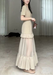 Chic Khaki Square Collar Ruffled Patchwork Cotton Long Dresses Summer