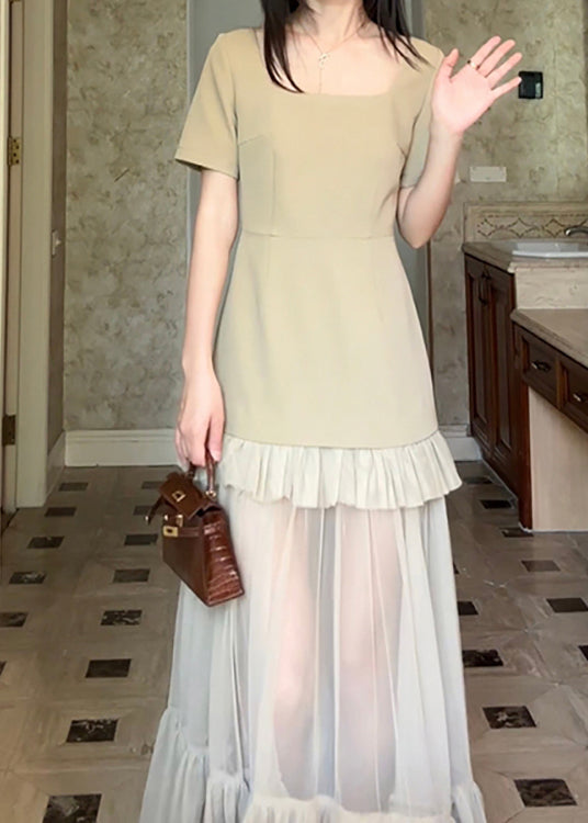 Chic Khaki Square Collar Ruffled Patchwork Cotton Long Dresses Summer