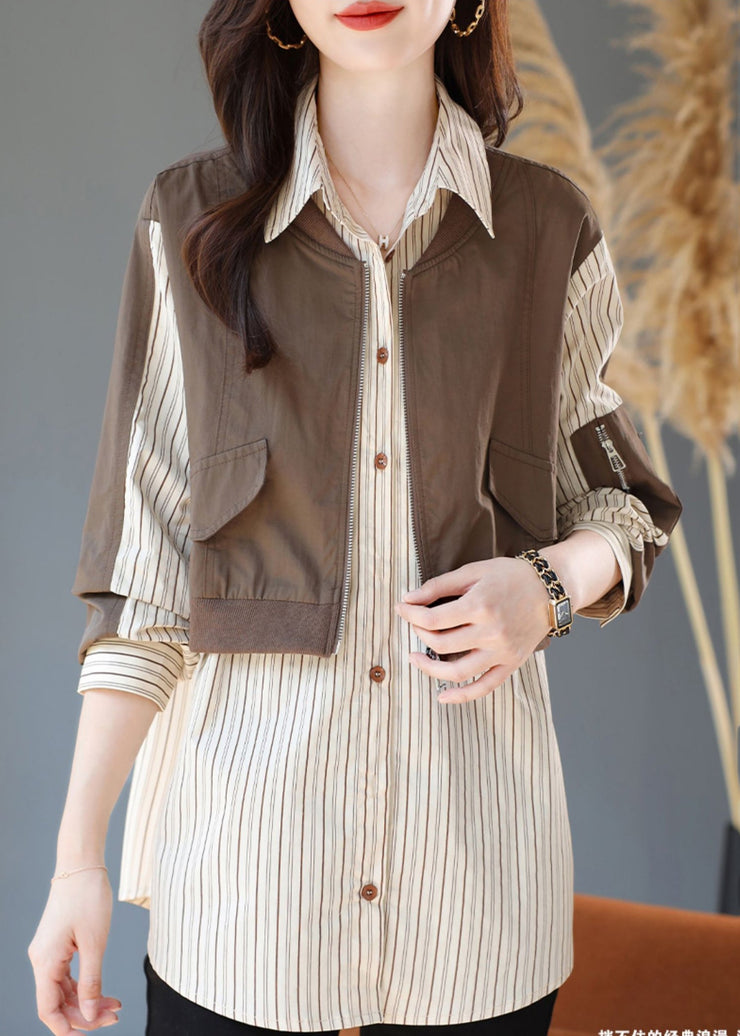 Chic Khaki Striped Patchwork Cotton Fake Two Piece Shirt Top Spring