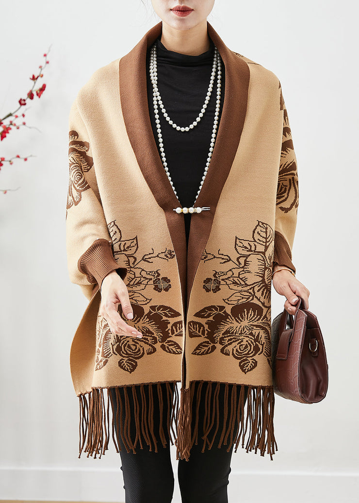 Chic Khaki Tasseled Print Knit Loose Coat Fall