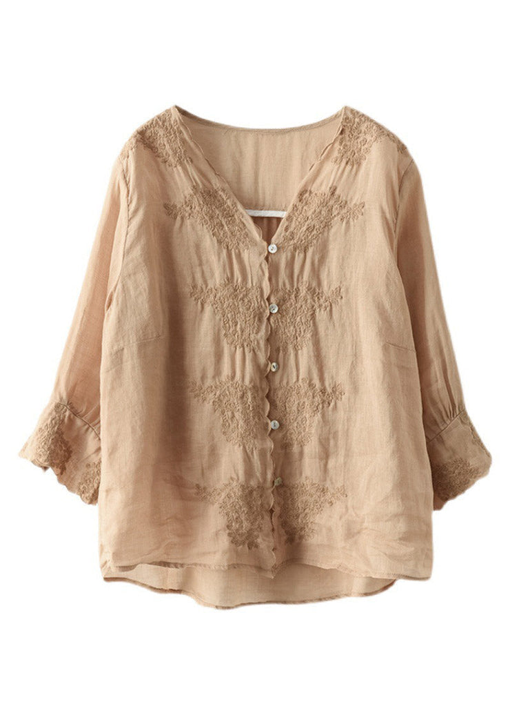 Chic Khaki V Neck Embroideried Linen Shirt Long Sleeve