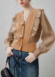 Chic Khaki V Neck Ruffled Patchwork Silk Blouses Spring