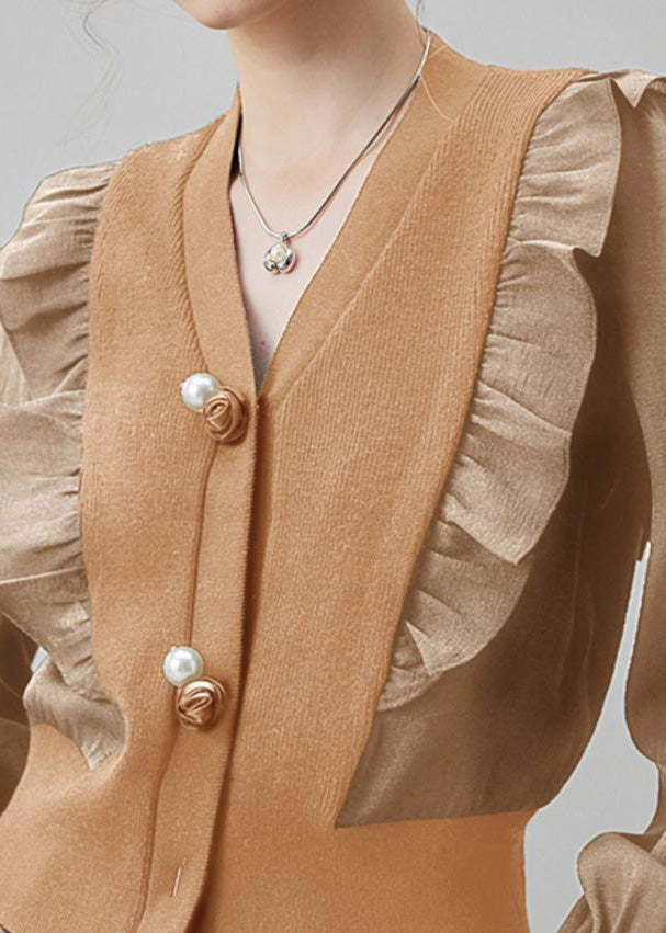 Chic Khaki V Neck Ruffled Patchwork Silk Blouses Spring