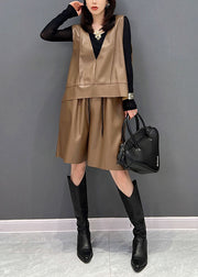 Chic Khaki V Neck Solid Faux Leather Two Pieces Set Winter