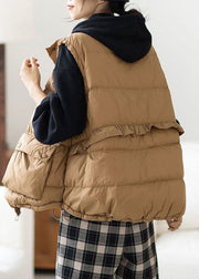 Chic Khaki Zip Up Ruffled Drawstring Duck Down Puffer Vest Winter