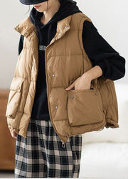 Chic Khaki Zip Up Ruffled Drawstring Duck Down Puffer Vest Winter