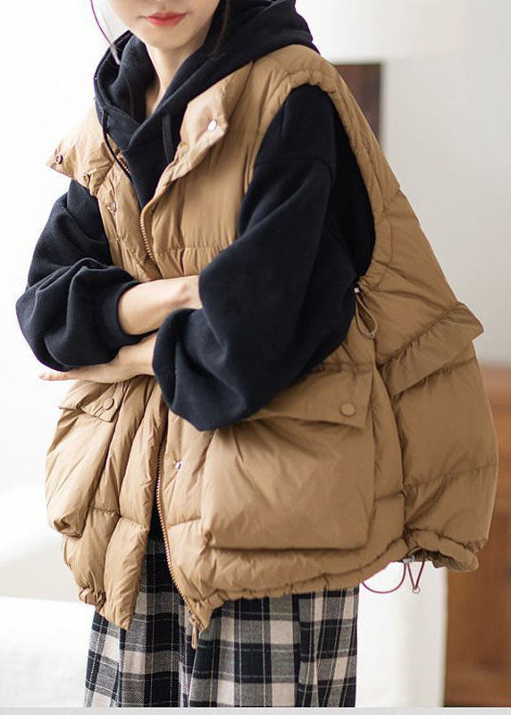 Chic Khaki Zip Up Ruffled Drawstring Duck Down Puffer Vest Winter