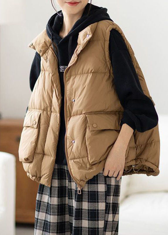 Chic Khaki Zip Up Ruffled Drawstring Duck Down Puffer Vest Winter